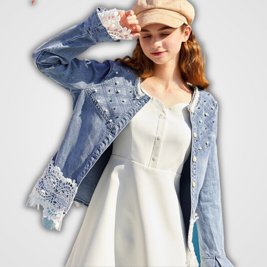 Denim Jacket Women – Lace Detail Stylish Lightweight Jacket for Casual Wear