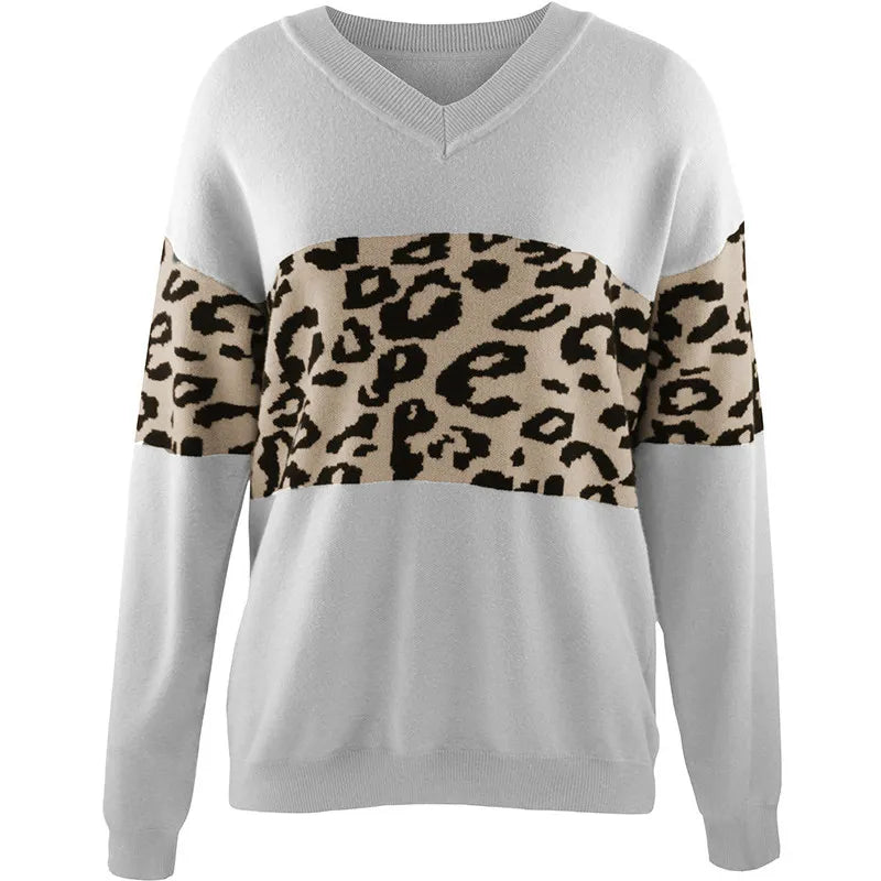 Leopard Print Pullover Sweater – Stylish Patchwork Knit Top for Women