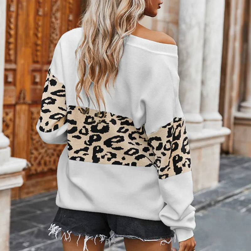 Leopard Print Pullover Sweater – Stylish Patchwork Knit Top for Women